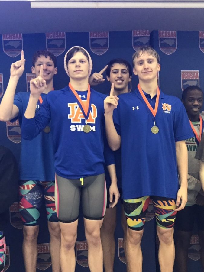 Cameron Thomas, David Wahlen, Ryan Silver and Daniel Baldwin. The Athens Drive men’s 200 medley team after their state record win 