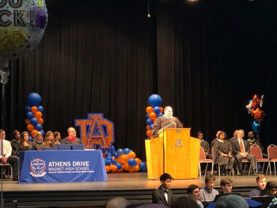 Stephen Mares, Athens Drive Principal, speaks at the Early Graduation Ceremony Jan. 23, 2019.  

Provided by Kritika Saraf 
