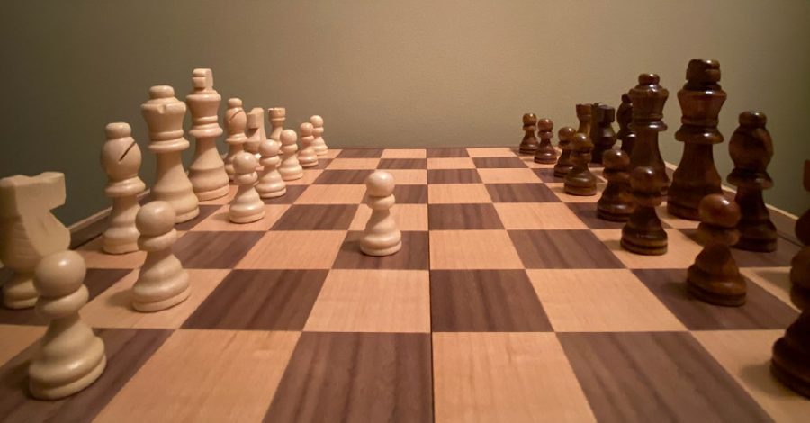 A game of chess commences as the white player moves a pawn to F4 on the board.