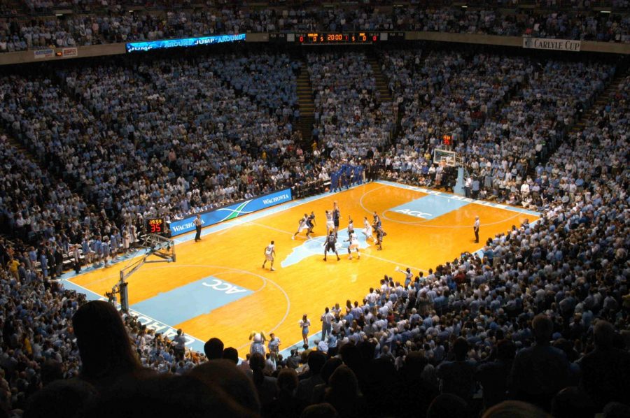 Tyler Hansbrough and Josh McRoberts battle for the opening tip-off in the 2006 matchup in Chapel Hill.