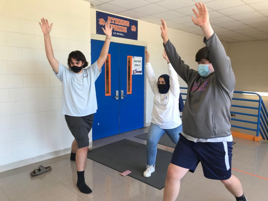 Students at Athens take a virtual yoga class via Google Meet.