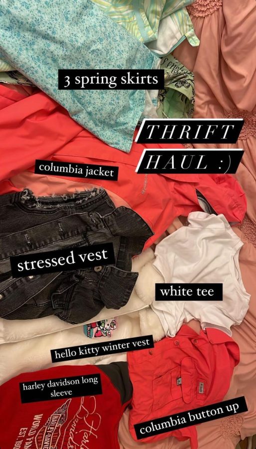 A labelled image of Cornells thrift haul include staple items such as neutral colored jeans shorts that can be worn with multiple outfits, long lasting brands such as columbia, and themes in color and patterns such as repeated reds and teals. 