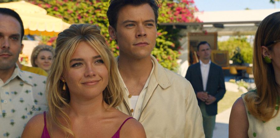 Florence Pugh (left) and Harry Styles (right) star in the psychological thriller Dont Worry Darling. The on-screen couple appear side by side in a friends housewarming party.