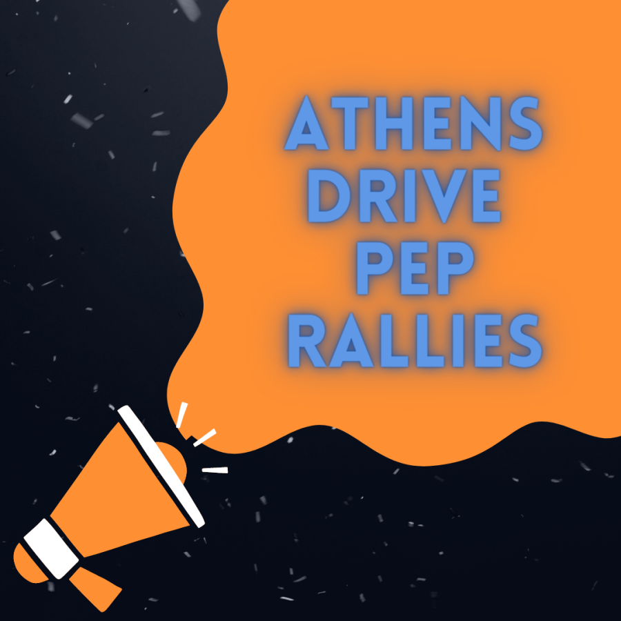 Bold blue letters with saying Athens Drive Pep Rallies plastered on a vibrant orange perception of sound coming from an orange megaphone on a black background. 