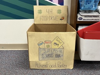 Athens 4H club donation box located in Student services, five items donated counts for one service hour.