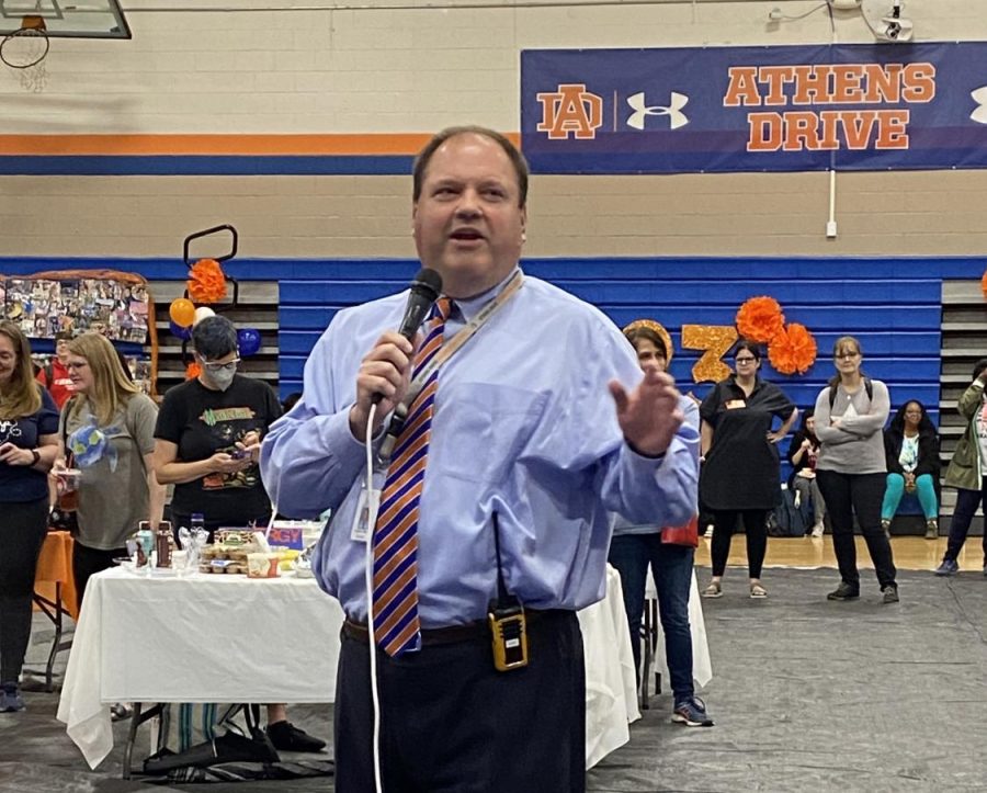 Principal Mares gives a speech at the Senior breakfast on April 27. In his speech, he expressed his admiration of the Athens seniors and how they will be missed once they go their separate ways. 