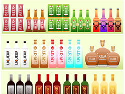 A shelf containing alcoholic beverages.There is a wide variety of alcohol available to people over 21 in the US. 