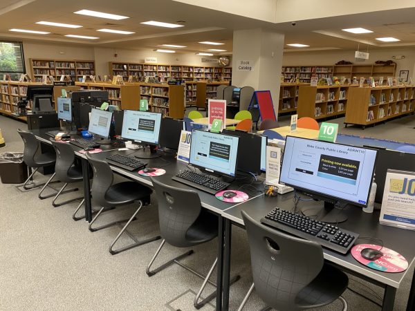 Photo of Athens library desktops. Mrs. Ruthven keeps technology in the library updated and organized. 