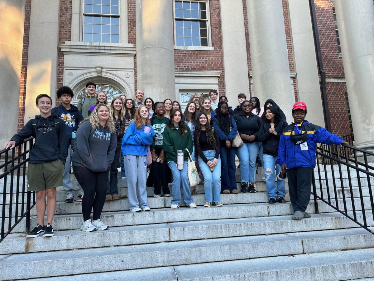 The Yearbook and Newspaper students gathering outside of Carroll Hall before Journalism Day starts. Built in 1955, Carroll houses UNCs School of Journalism and Media.