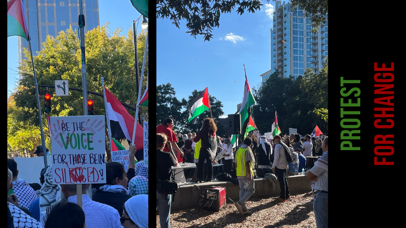 Palestinian protesters take to the streets of downtown Raleigh in Oct. 2023, calling for a ceasefire in Gaza. Protests like this have been occurring all around the world in response to the attacks on Oct. 7.  