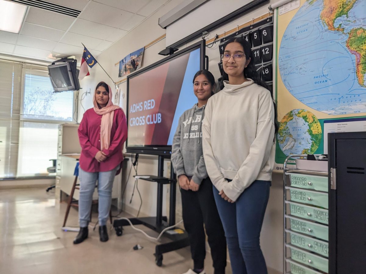 Ketaki Mijar (far right), Vanshika Chinta (center), and Rida Siraj (far left) present for the first Red Cross Interest Meeting. They run the club and hope to gain more members.