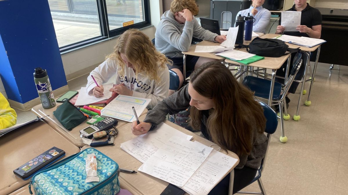 Lindsay Grant, Susan McGraw, Nathan Bunch, Brower Evenhouse, and Jack Thompson working on their classwork in AP Calculus BC. 
