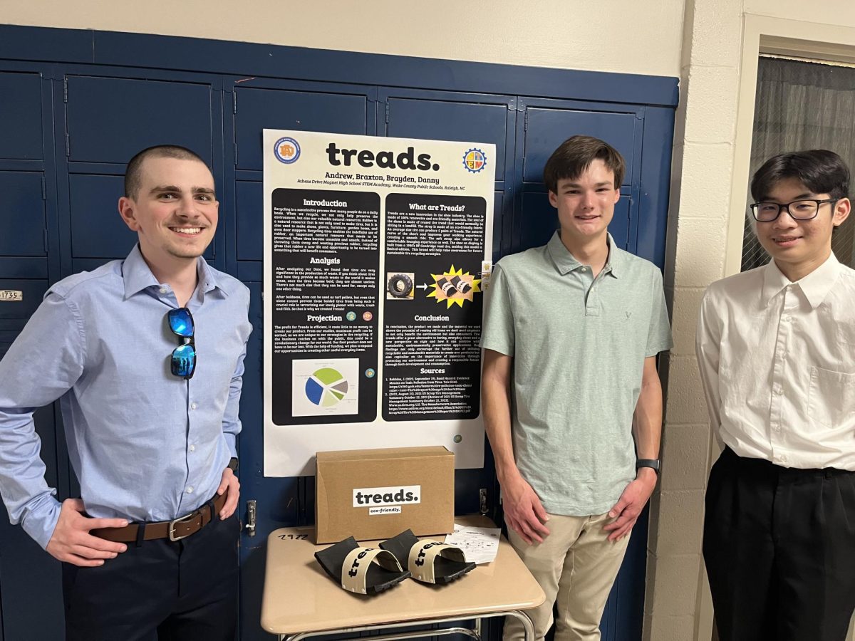 Braxton Whitaker (left), Andrew Lamm (center), and Brayden Lau (right). STEMPosium featured many different groups of presenters.