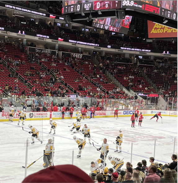 Hurricanes warm up before their game against the Pittsburgh Penguins during the 2022-2023 season. During this season the Canes made it to the Eastern Conference Finals before losing to the Florida Panthers. 