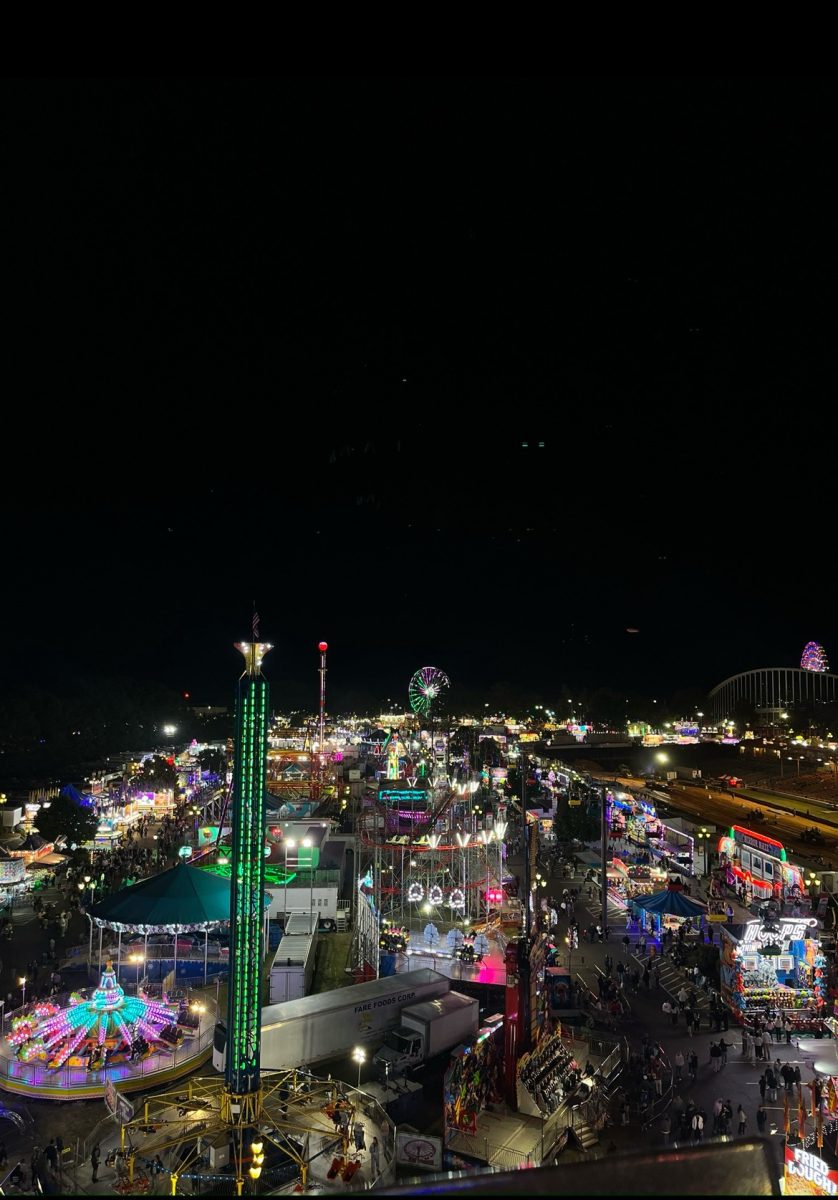Night view of the North Carolina State Fair from a ferris wheel. 