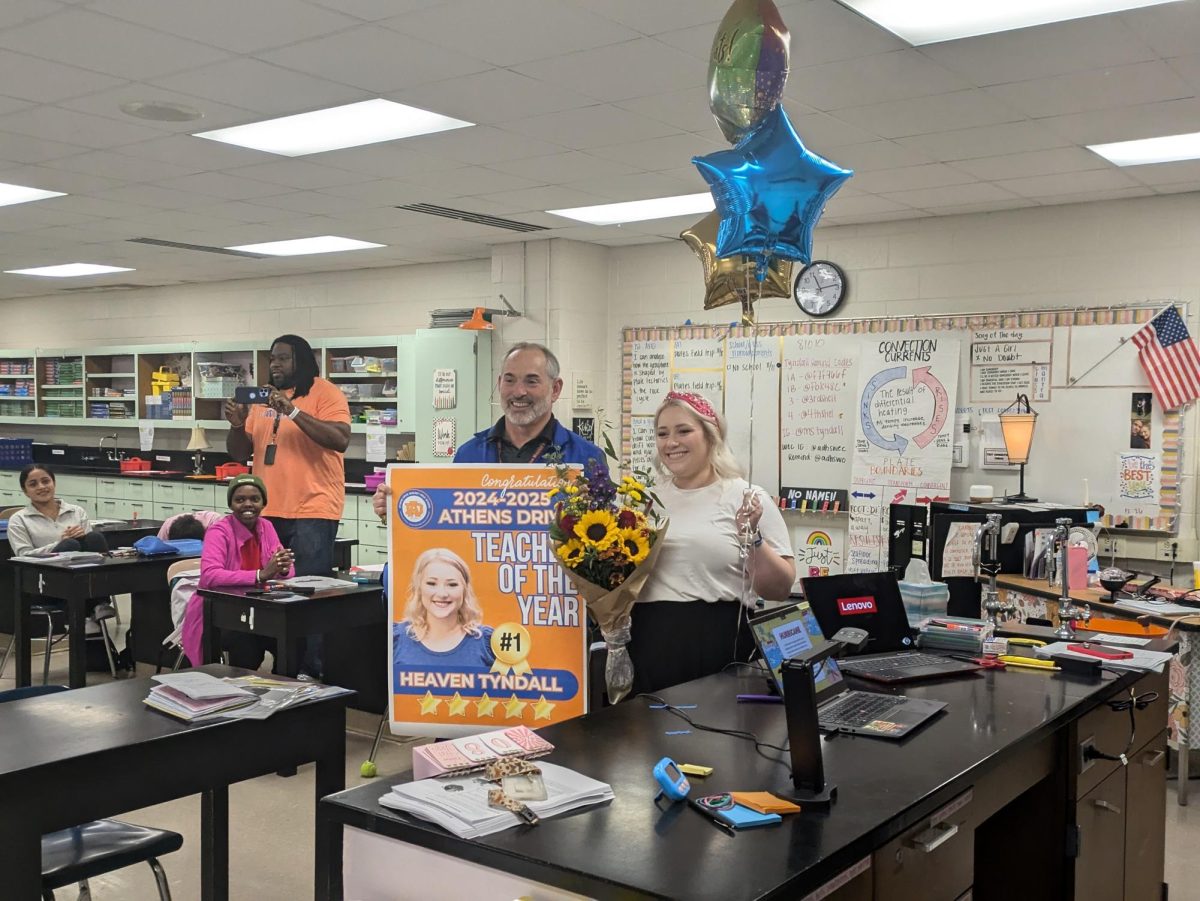 Tyndall and Steven Katz, administrator pictured. Tyndall was greeted by surprise today in her third period class.