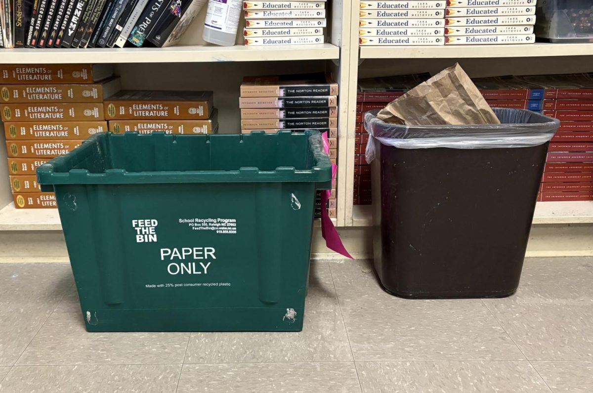 Many bins such as these are all over the school. While every classroom has at least one, some having two or three trash cans, recycling bins are not present in every classroom, which means more recyclable material is thrown away. Photo Courtesy of Rowan Bissett