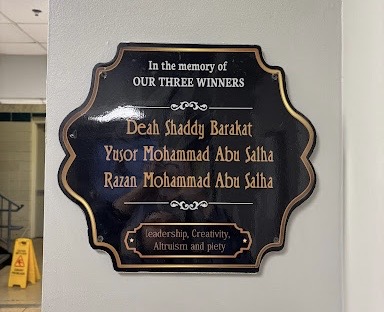 Tribute outside Islamic Association of Raleigh gym. Placed in honor of Deah, Yusor, and Razan. (Photo Courtesy of Farah Alrbehat)