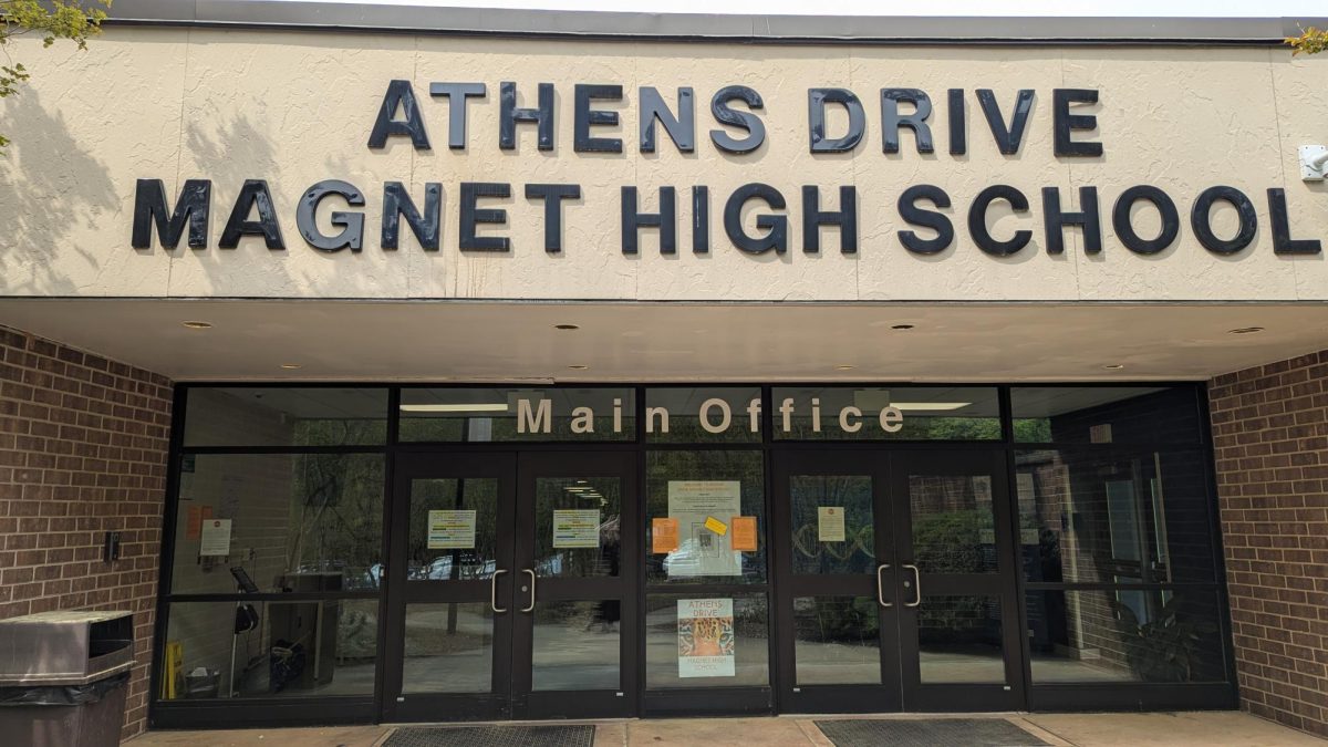 The main entrance to Athens. The words "Athens Drive Magnet High School" are written in large, bold letters