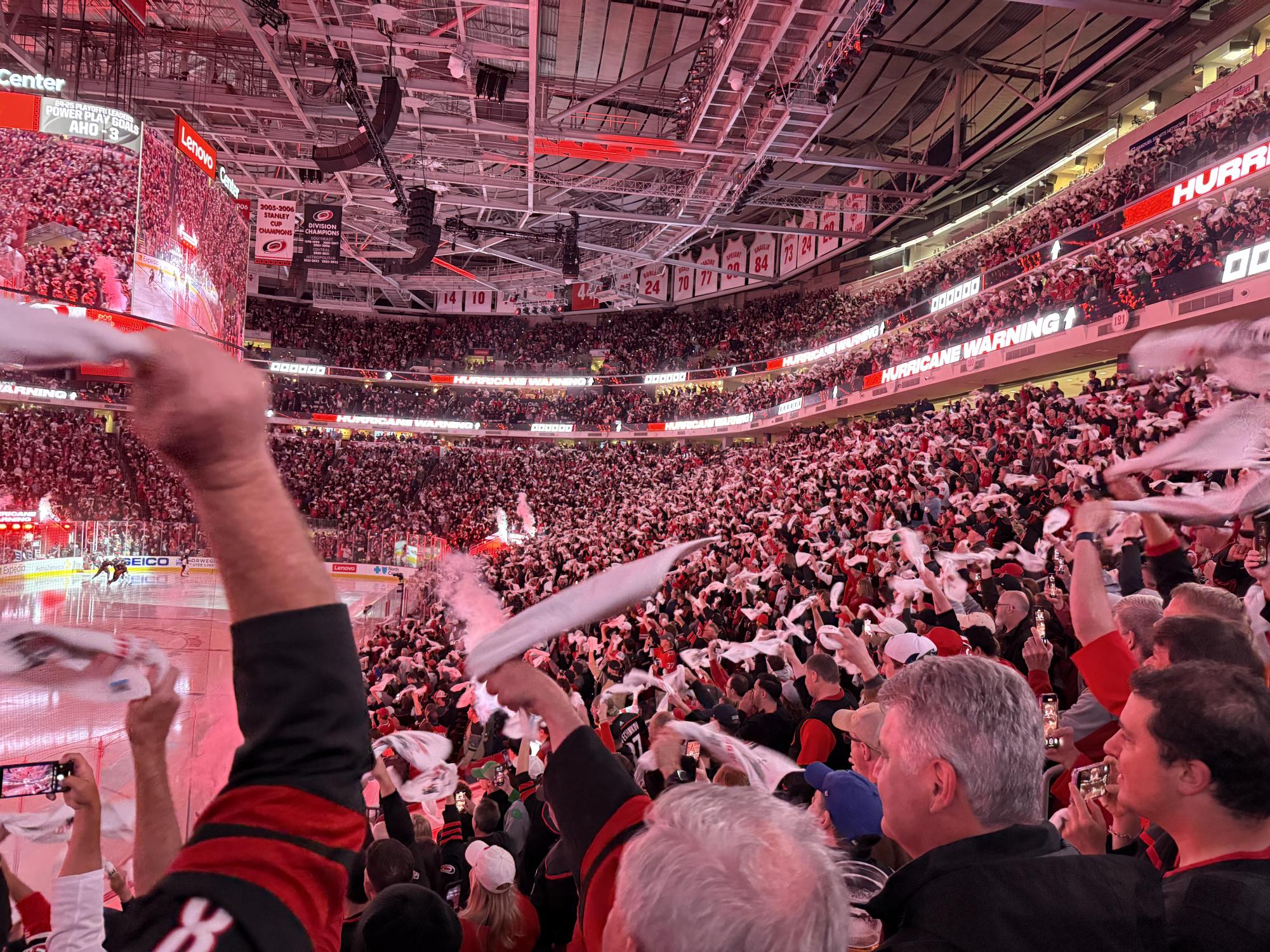 Canes fans spin their towels-a universal playoff tradition across the NHL-frantically as the Canes come out to start the game. Lenovo Center, the home of the Hurricanes is known as the “Loudest House in the NHL” and are top ranked in terms of fans energy. 