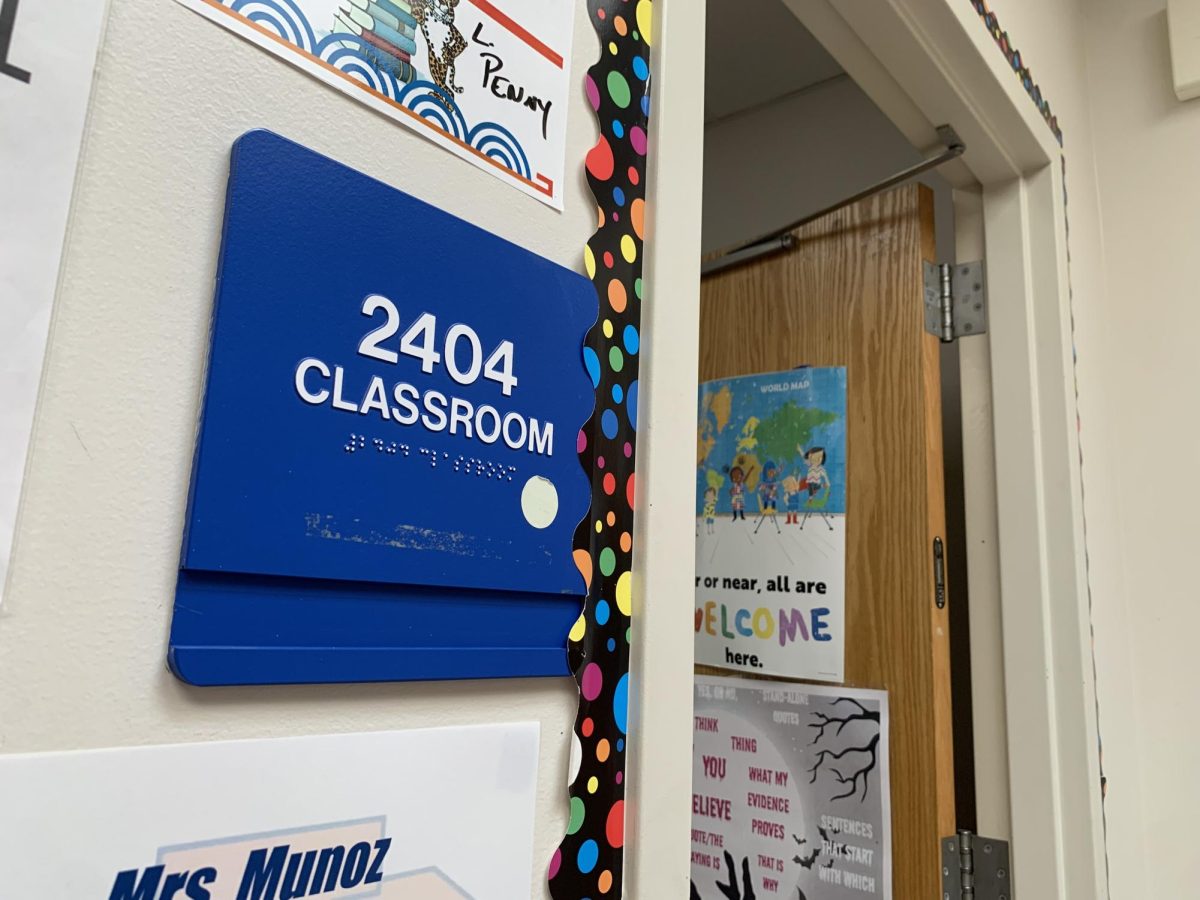 Jennifer Munoz’s classroom door has a multicolored polka dot pattern. Polka dots can be used for self-expression or to add a splash of color and personality.
