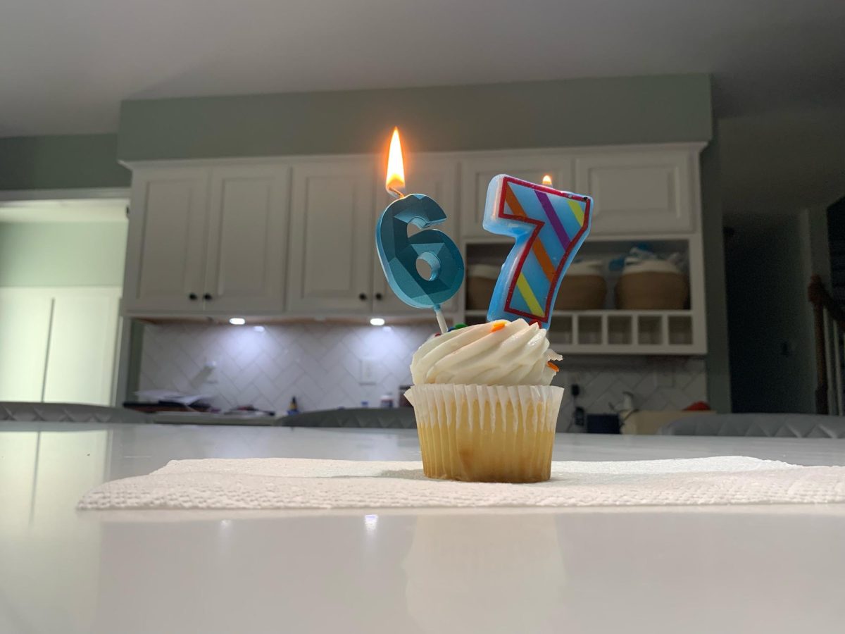 A cupcake with 6 - 7 candles to celebrate the numbers. The brightly colored candles emphasizing the importance of 6-7.