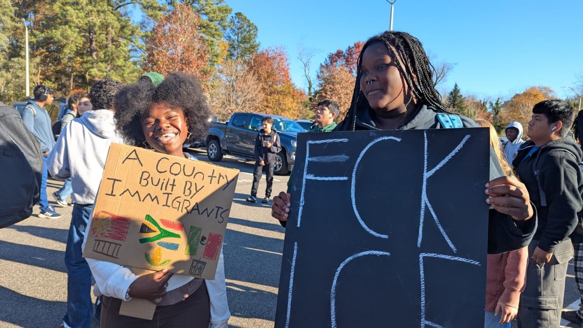 Two students attending the Athens Ice-Out protest. One of them held a sign with the words "a country built by immigrants" next to several flags, while the other held a sign reading "FCK ICE"