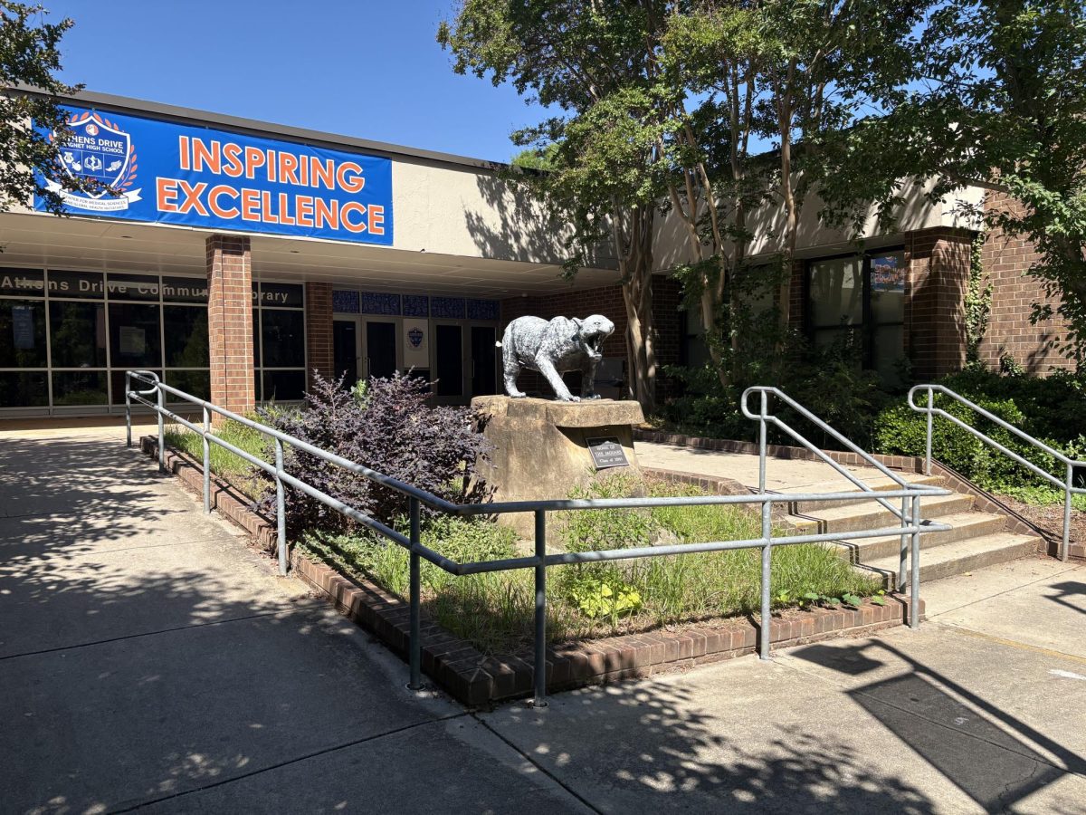 Athens Drive Magnet High School, library entrance featuring the Jaguar, by the class of 2005. This is where students walk in every morning to get to their class. 